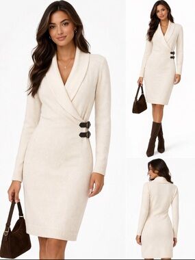 Ralph Lauren Ivory Sweater Dress Faux Wrap Buckle Knit Dress — Size M